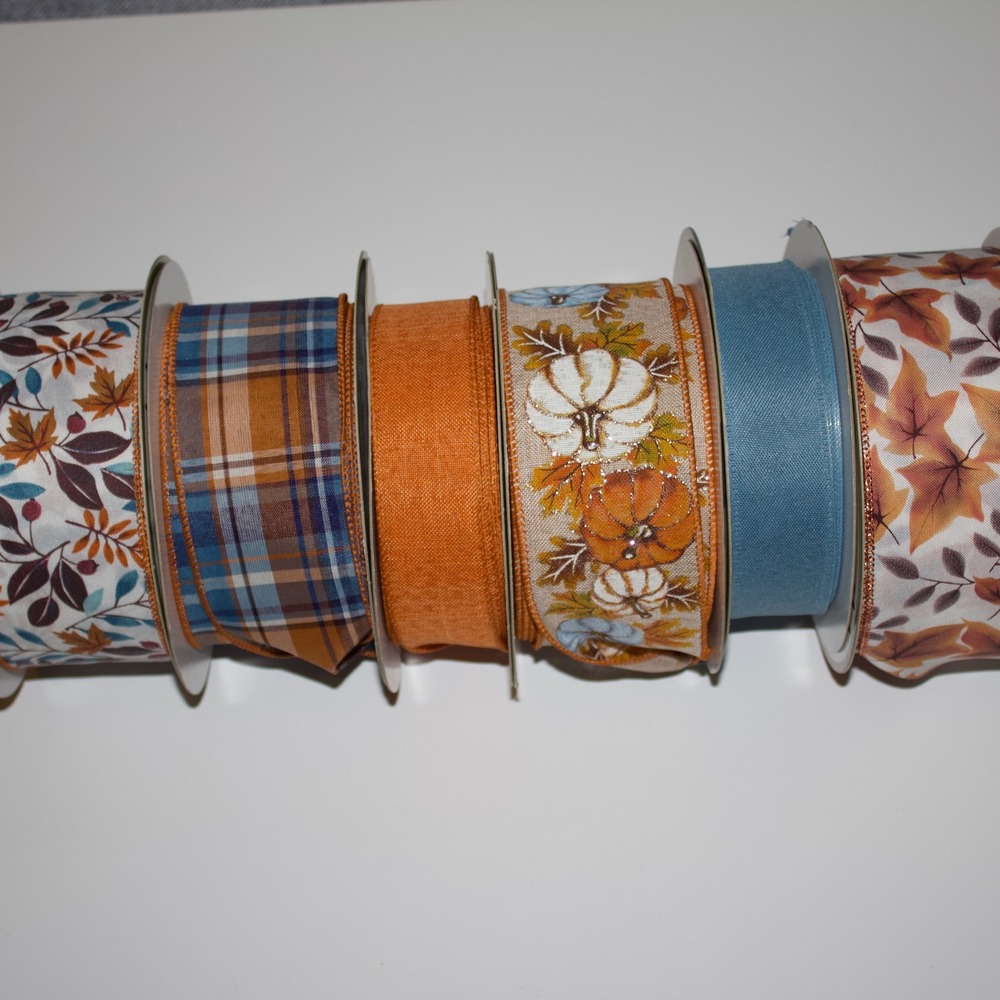 Member's Mark Premium Ribbon Fall Autumn Wired Edge 6 Spools Orange Blue Plaid